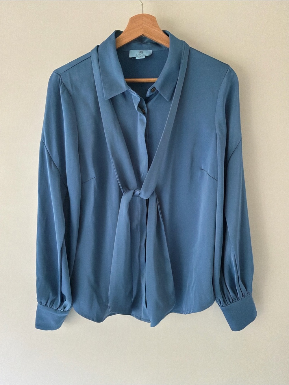 CeCe Steel Blue Tie-Neck Satin Blouse Size S